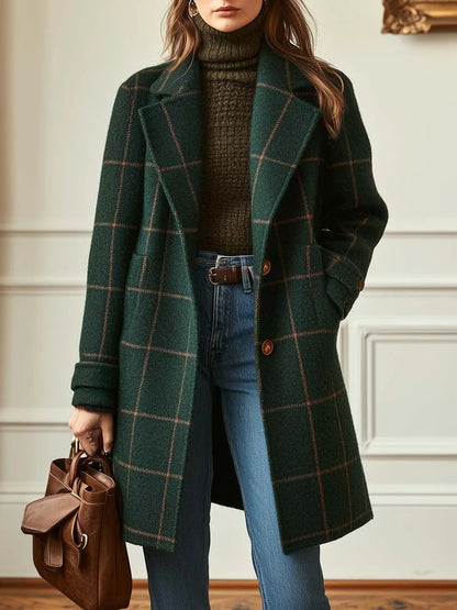 Manteau Tweed à Carreaux Rétro à Revers